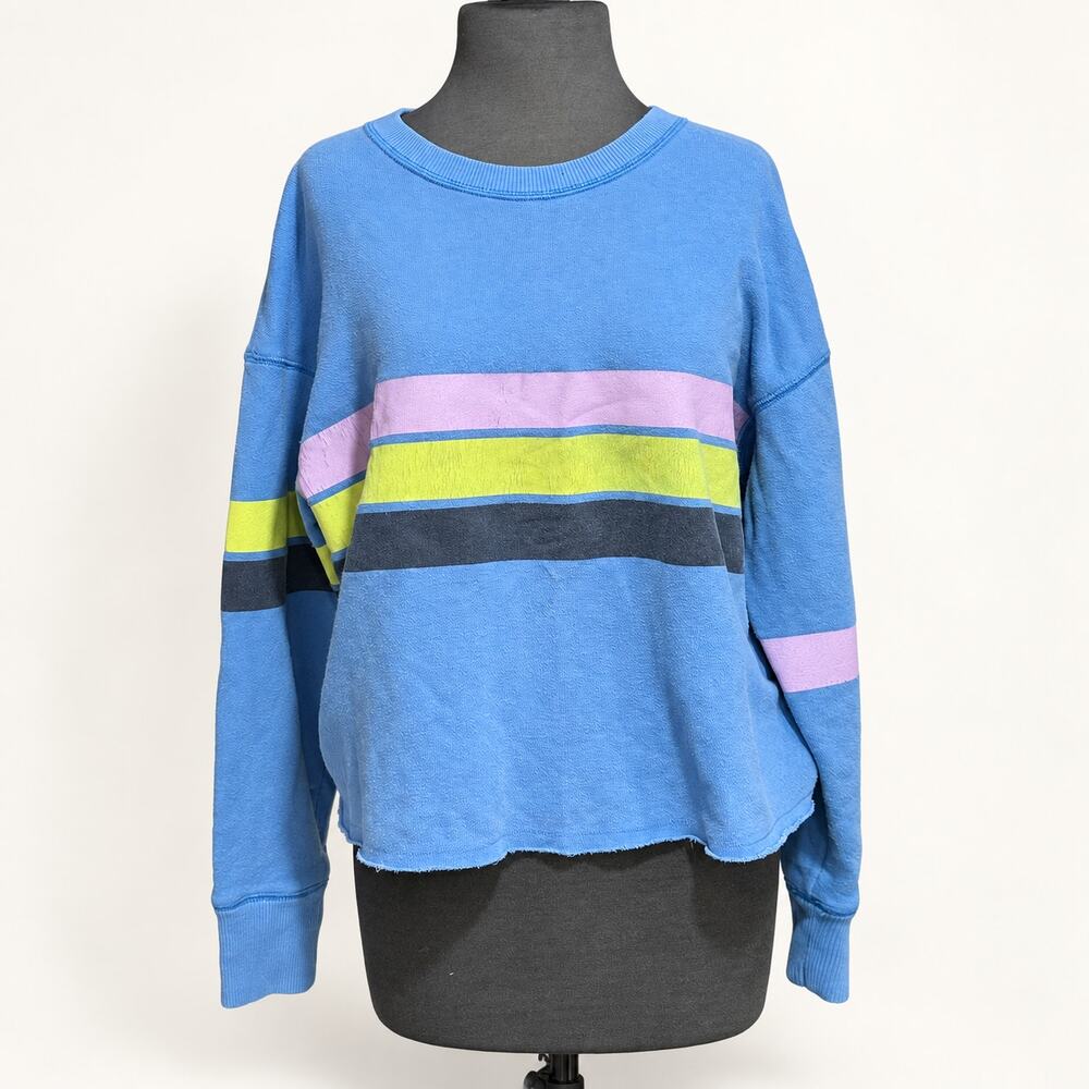 Aerie Striped Raw Hem Cropped Sweatshirt Blue Medium M Crewneck Pullover